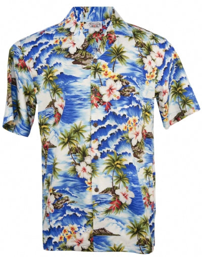 Pacific Legend Hibiscus Blue Cotton Men's Hawaiian Shirt , 4XL