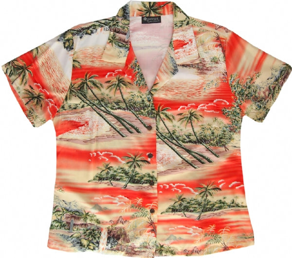 Ocean Breeze Ladies Fitted Aloha Shirt in Orange