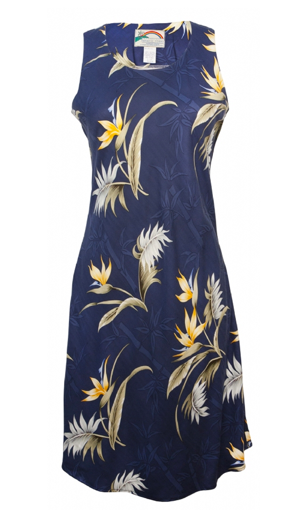 Bamboo Paradise Tropical Print Tank Hawaiian Aloha Dress Navy ...