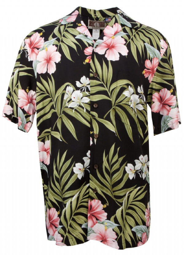 RJC Hawaii Pink Hibiscus Ladies Fitted Aloha Shirt in Black S / Black