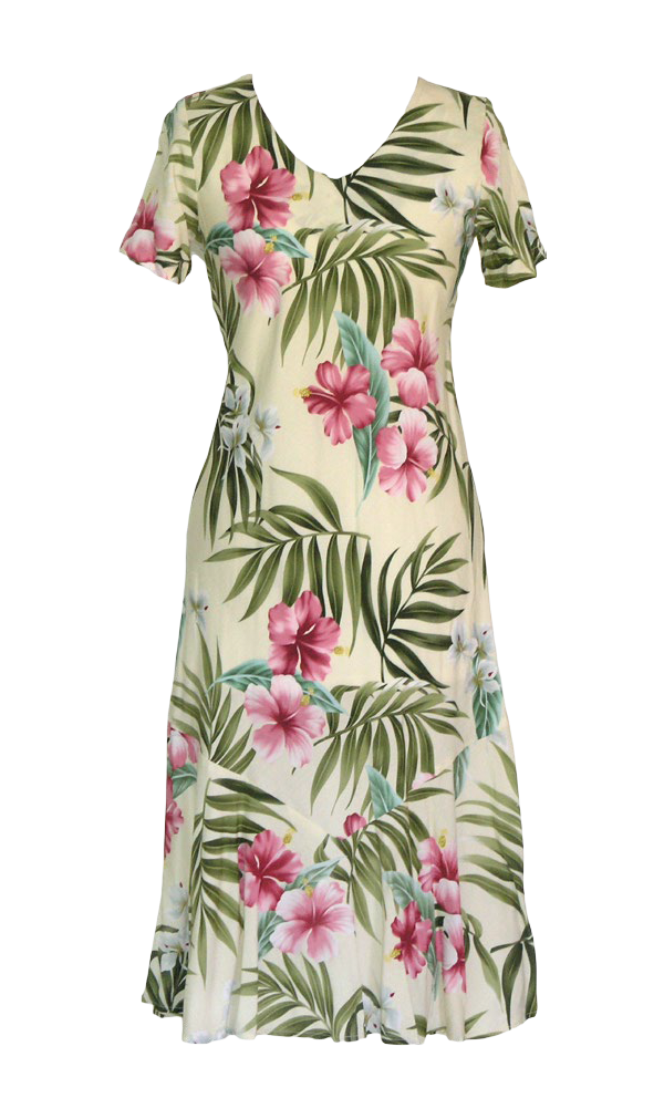 Pink Hibiscus Ladies Rayon Bias Cut VNeck Hawaiian Aloha Dress Beige ...