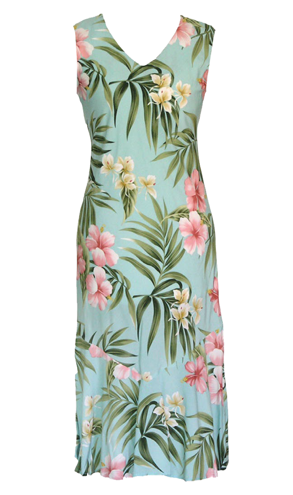 Pink Hibiscus Ladies Rayon Bias Cut VNeck Sleeveless Dress Aqua ...